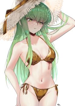 1girl absurdres arm_behind_head artist_name bare_shoulders bikini budgiepon c.c. code_geass collarbone female_focus green_hair hat highres long_hair parted_lips simple_background sun_hat swimsuit white_background yellow_eyes