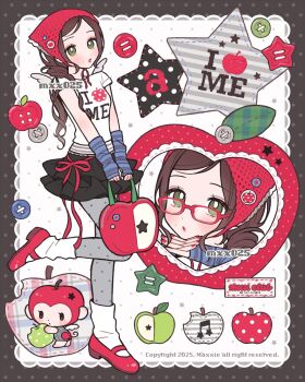 1girl apple bag black_skirt blue_arm_warmers blush border brown_hair buttons english_text fashion food food-themed_bag fruit glasses green_eyes handbag highres holding holding_bag leg_up long_hair monkey multiple_views mxx025 original pantyhose polka_dot polka_dot_background polka_dot_pantyhose red-framed_eyewear red_ribbon red_shoes ribbon shirt shoes skirt socks standing standing_on_one_leg white_shirt white_socks wings