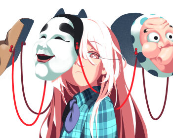 Rule 34 | 1girl, aqua shirt, closed mouth, collared shirt, commentary, english commentary, frown, hair between eyes, hata no kokoro, highres, hyottoko mask, ko-omote mask, long hair, looking at viewer, looking to the side, mask, mobcap, noh mask, okina mask, pink eyes, pink hair, plaid clothes, plaid shirt, shirt, simple background, solo, touhou, upper body, white background