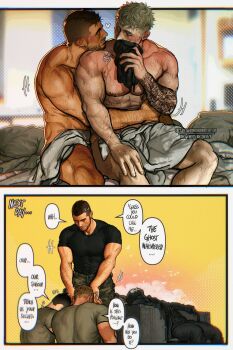 4boys arm_tattoo bara bed bed_sheet black_hair black_shirt blonde_hair blush call_of_duty call_of_duty:_modern_warfare_2 camouflage camouflage_pants closed_mouth english_text extra facial_hair ghost_(modern_warfare_2) green_pants green_shirt highres holding holding_mask hug large_pectorals looking_at_another male_focus mask unworn_mask multiple_boys muscular muscular_male naked_sheet nipples on_bed pants pectorals shirt short_hair skull_mask soap_(modern_warfare_2) tattoo twitter_username umikochannart yaoi