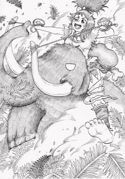 1girl animal_print artist_request cavewoman feet food hair_up holding holding_reins horns jewelry mammoth meat meat_(vtuber) monochrome necklace outdoors pointy_ears primitive reins riding sharp_teeth smile teeth torn_clothes virtual_youtuber