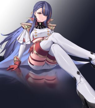 1girl absurdres anchor_earrings azur_lane boots breasts capelet clothing_cutout commentary crossed_legs earrings gloves gradient_background grey_background high_heel_boots high_heels highres jewelry large_breasts long_hair long_sleeves looking_at_viewer orange_streaks purple_hair red_gloves reflection seori shorts sitting solo symbol-only_commentary thigh_boots trafalgar_(azur_lane) underboob underboob_cutout very_long_hair white_boots white_capelet white_shorts