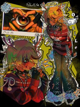 1girl alternate_costume animal_ears animal_nose antler_ribbon antlers bell-bottoms black_bra black_choker black_eyeshadow black_gloves black_pants blonde_hair body_freckles bra brown_eyes buck_teeth chain chain_necklace character_name choker commentary deer_antlers deer_ears deer_girl deltarune english_commentary eyeshadow fingerless_gloves four-finger_heart_hands freckles gloves green_nails hair_between_eyes hair_ornament hair_over_one_eye hairclip halftone halo heart heart_hands heart_hands_over_eye heart_necklace highres horns jewelry long_hair long_sleeves makeup microphone microphone_stand mistletoe multicolored_nails multiple_views nail_polish necklace noelle_holiday off-shoulder_sweater off_shoulder one_eye_covered pants photo_(object) raccoon_tails_(hairstyle) red_nails red_ribbon red_sweater ribbon ring scene_fashion shoulder_freckles snowflakes spiked_choker spikes ssyyk1sk star_(symbol) star_hair_ornament striped_clothes striped_sweater sweater teeth timestamp traditional_halo twitter_username underwear utdr_(toby_fox) yellow_halo