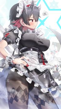 Rule 34 | 1boy, 2girls, absurdres, black hair, black pantyhose, blush, breasts, chibi, clenched teeth, colored inner hair, commentary, ellen joe, fingernails, fins, fish tail, highres, keureu (tiqkdtiqkd10), large breasts, maid, maid headdress, multicolored hair, multiple girls, nail polish, pantyhose, puffy short sleeves, puffy sleeves, red eyes, red hair, red nails, shark girl, shark tail, sharp teeth, short hair, short sleeves, soukaku (zenless zone zero), standing, symbol-only commentary, tail, teeth, two-tone hair, von lycaon, zenless zone zero