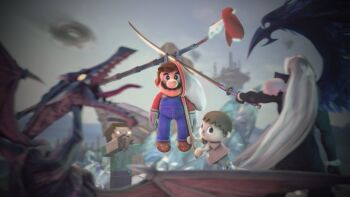 3d 5boys animal_crossing blue_eyes blue_overalls brown_hair butterfly_net circular_saw facial_hair final_fantasy final_fantasy_vii final_fantasy_vii:_advent_children hand_net hat highres holding holding_butterfly_net holding_sword holding_weapon long_hair male_focus mario mario0ooo0ooo0o mario_(series) masamune_(ff7) metroid minecraft monster multiple_boys mustache nintendo overalls ridley saw sephiroth silver_hair smile steve_(minecraft) super_smash_bros. sword villager_(animal_crossing) weapon wings