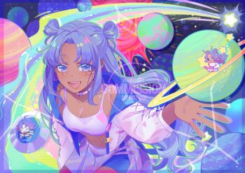 Rule 34 | > <, 2girls, :d, aquila (constellation), bare shoulders, breasts, chibi, choker, cleavage, commentary, commission, constellation, cowboy shot, cross-laced clothes, cross-laced sleeves, cygnus (constellation), dark-skinned female, dark skin, dot nose, double bun, english commentary, facial tattoo, falling star, grey skirt, hair bun, happy, highres, jacket, light blush, light particles, lipstick, long hair, long sleeves, looking at viewer, lyra (constellation), makeup, medium breasts, midriff, miniskirt, multiple girls, multiple views, navel, open clothes, open jacket, open mouth, original, outstretched arm, outstretched hand, palms, parted bangs, planet, planetary ring, pleated skirt, puffy long sleeves, puffy sleeves, purple eyes, purple hair, red lips, reean, sidelocks, skirt, smile, space, sports bra, star (symbol), star choker, star tattoo, tattoo, teeth, ufo, very long hair, vgen commission, watermark, white choker, white jacket, white sports bra