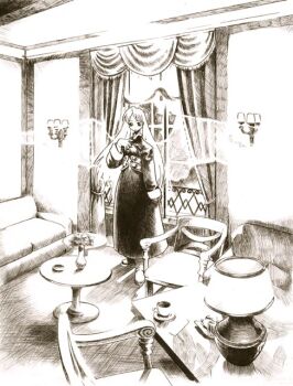 ankle_boots archived_source arm_at_side armchair bad_link balcony black_dress black_sleeves boots chair couch crosshatching cup curtains dress hand_on_chair hatching_(texture) high_collar hirai_yukio indoors lamp long_dress long_hair looking_at_viewer monochrome muntins original parted_bangs plant plate potted_plant railing round_table shadow single_sleeve_past_wrist sleeve_cuffs standing straight_hair table teacup transparent_wings very_long_hair wall_lamp window