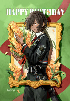 1girl absurdres belt black_belt black_jacket brown_hair character_name collared_shirt cowboy_shot dated flower green_background gunblade happy_birthday hashtag-only_commentary highres jacket limbus_company looking_at_viewer necktie orange_eyes orange_flower outis_(project_moon) project_moon red_necktie shirt short_hair simple_background solo uzr_akira watch weapon white_shirt wristwatch