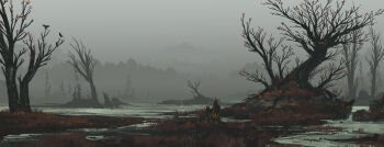 absurdres bare_tree bird cloud cloudy_sky commentary crow english_commentary fog grass grey_theme highres hill landscape leaf lorenzo_lanfranconi no_humans original painterly plant_roots scenery sky tree