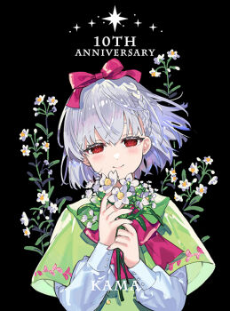 1girl blush braid breasts character_name commentary dress fate/grand_order fate_(series) flower green_dress hair_ribbon kama_(fate) kama_(over_the_same_sky)_(fate) kama_(young)_(fate) long_sleeves looking_at_viewer red_eyes ribbon short_hair small_breasts smile solo starshadowmagician white_hair white_sleeves