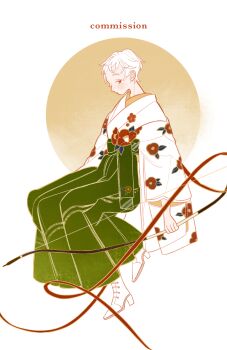 1girl absurdres boots bow_(weapon) closed_mouth commentary commission floral_print floral_print_kimono green_hakama grey_eyes hakama hakama_skirt high_heel_boots high_heels highres holding holding_bow_(weapon) holding_weapon japanese_clothes kimono long_sleeves original print_kimono short_hair sitting skeb_commission skirt solo sun surie very_short_hair weapon white_background white_boots white_hair white_kimono wide_sleeves