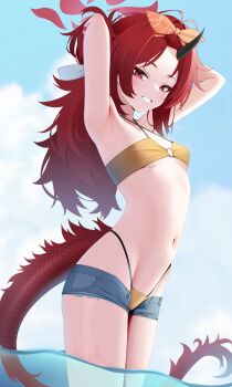 1girl absurdres armpits arms_behind_head bikini black_horns blue_archive blue_shorts bow breasts commentary criss-cross_halter denim denim_shorts dragon_girl dragon_tail grin hair_bow halo halterneck highleg highleg_bikini highres horns long_hair looking_at_viewer messy_hair micro_shorts navel official_alternate_costume open_clothes open_shorts orange_bow parted_lips red_eyes red_hair red_halo red_tail renge_(blue_archive) renge_(swimsuit)_(blue_archive) shorts single_horn small_breasts smile solo swimsuit tail wading water yellow_bikini z.taiga