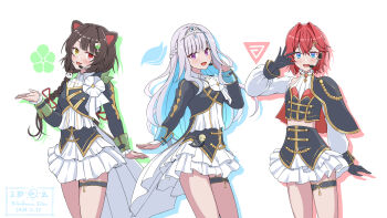 3girls :3 :d aiguillette ange_katrina animal_ears animal_hair_ornament black_capelet black_gloves black_shirt black_skirt blue_eyes blue_hair blush braid brown_hair capelet character_charm charm_(object) clothing_cutout color-coded colored_inner_hair commentary_request cowboy_shot crossed_bangs cup_hair_ornament dated dog_ears drop_shadow frilled_skirt frills gloves gold_trim gradient_eyes hair_between_eyes hair_intakes hair_ornament hair_ribbon half_up_braid hand_up headset heterochromia highres idol_clothes inui_toko layered_shirt layered_skirt lize_helesta long_hair long_sidelocks long_sleeves looking_at_viewer low_twin_braids medium_hair midriff miniskirt multicolored_eyes multicolored_hair multiple_girls nijisanji nijisanji_idol_uniform open_mouth purple_eyes red_capelet red_eyes red_hair red_ribbon ribbon saburou_hiji sanbaka_(nijisanji) sebastian_piyodore shirt shoulder_cutout side_capelet sidelocks simple_background skirt sleeve_cuffs smile streaked_hair thigh_strap tiara triangle_hair_ornament twin_braids twitter_username two-sided_capelet two-tone_hair very_long_hair virtual_youtuber white_background white_hair white_shirt white_skirt yellow_eyes