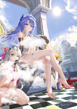 2girls absurdres ahoge alternate_costume aqua_eyes bare_shoulders barefoot black_gloves blue_eyes blue_flower blue_sky bow breasts cantarella_(wuthering_waves) carlotta_(wuthering_waves) checkered_floor commentary crossed_legs day duan_zhu_ya earrings elbow_gloves feet flower gloves hair_bow hair_flower hair_ornament hairband hands_up headdress highres jewelry large_breasts long_hair looking_at_viewer multiple_girls navel one_eye_closed parted_bangs parted_lips pink_bow pink_hairband purple_hair revealing_clothes rubber_duck sitting sky smile soap_bottle soles steam stomach striped_bow sun tacet_discord_(wuthering_waves) thighlet thighs toes tubpup_(wuthering_waves) very_long_hair wuthering_waves