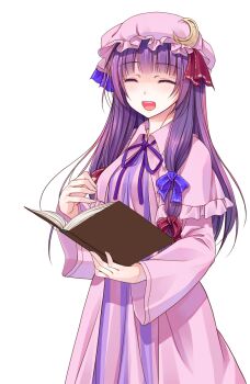 Rule 34 | 1girl, :d, blue bow, book, bow, closed eyes, commentary request, cowboy shot, crescent, crescent hat ornament, crote, dress, facing viewer, hair bow, hat, hat ornament, highres, holding, holding book, large variant set, long hair, long sleeves, mob cap, neck ribbon, open mouth, parted lips, patchouli knowledge, pink hat, pink robe, purple hair, purple ribbon, red bow, ribbon, robe, smile, solo, striped clothes, striped dress, tachi-e, teeth, touhou, transparent background, upper teeth only, variant set, vertical-striped clothes, vertical-striped dress