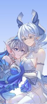 2girls arm_fins armlet blue_eyes blush breasts closed_mouth collar collarbone commentary_request demon_girl demon_horns detached_collar detached_sleeves dress duel_monster earrings fins fish_girl gloves grabbing_another's_breast groping hair_between_eyes hair_ornament hand_on_another's_chest hand_on_another's_head head_fins highres holding horns jewelry kitkallos_(yu-gi-oh!) large_breasts long_hair looking_at_another lovely_labrynth_of_the_silver_castle multiple_girls pointy_ears rare_lemon sleeves_past_wrists smile tearlaments_kitkallos white_eyes white_gloves white_hair white_tiara yu-gi-oh! yuri