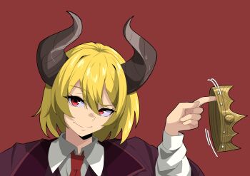 Rule 34 | absurdres, blonde hair, collared shirt, demon, demon horns, finger twirl, formal clothes, gloves, gremory tiberius, hawari, highres, horns, indie virtual youtuber, jacket, necktie, non-web source, red eyes, shirt, short hair