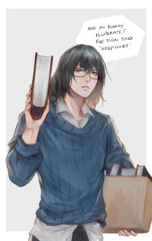 1boy bespectacled black_hair blue_sweater book border box commentary english_commentary english_text fate/grand_order fate_(series) glasses highres holding holding_book holding_box librarian long_sleeves looking_at_viewer male_focus oberon_(fate) oberon_(third_ascension)_(fate) parted_lips renrenka_noi ribbed_sweater short_hair simple_background solo speech_bubble sweater unamused upper_body white_border