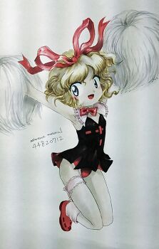 1girl :d armpits arms_up bad_id bad_pixiv_id bare_legs blonde_hair blue_eyes bow bowtie cheering cheerleader female_focus frilled_thigh_strap frills full_body hair_ribbon jumping looking_at_viewer medicine_melancholy official_style open_mouth panties parody pom_pom_(cheerleading) red_bow red_bowtie reference_work ribbon shoes shu_(loveeater) smile socks solo style_parody thigh_strap tongue touhou traditional_media underwear zun_(style)