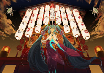 1girl absurdly_long_hair absurdres aqua_hair architecture bare_shoulders blue_eyes breasts cloud detached_sleeves east_asian_architecture feet_out_of_frame from_below hatsune_miku highres holding holding_microphone japanese_clothes kyoto lantern long_hair long_sleeves looking_at_viewer machine microphone miyamoya night outdoors own_hands_together shrine sky standing star_(sky) straight_hair tassel temple twintails very_long_hair vocaloid wide_sleeves wind