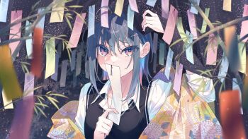 Rule 34 | 1girl, arm up, bamboo, bamboo leaf, black hair, blue hair, blue nails, collarbone, colored inner hair, commentary request, fingernails, gradient nails, hair ornament, hairclip, hairpin, hakua (aiziro 039), hand on own head, hand up, highres, holding, holding tanzaku, japanese clothes, kimono, medium hair, multicolored hair, multicolored nails, nail polish, night, off-shoulder sweater, off shoulder, original, pink hair, pink nails, shirt, sky, star (sky), sweater, tanabata, tanzaku, two-tone nails, upper body, white shirt, yukata