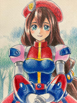 1girl beret brown_hair dress gloves green_eyes hat hijiriiyaa iris_(mega_man) long_hair looking_at_viewer low-tied_long_hair mega_man_(series) mega_man_x_(series) multicolored_dress own_hands_together red_hat simple_background smile solo traditional_media tree upper_body very_long_hair white_gloves