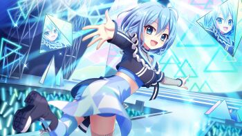 1girl :d ahoge audience black_boots blue_eyes blue_hair blue_shorts blue_skirt blue_thighhighs boots breasts catwalk_(modeling) concert crop_top dot_nose double-parted_bangs film_grain fishnet_sleeves fishnet_thighhighs fishnets from_behind game_cg glowstick izumi_tsubasu lens_flare long_sleeves looking_at_viewer looking_back medium_breasts midriff mismatched_thighhighs nakano_rinka non-web_source official_art open_mouth outstretched_arm outstretched_hand pointing prism re:stage! screen short_hair shorts shorts_under_skirt skirt smile solo sparkle stage stage_lights stairs standing standing_on_one_leg thighhighs twisted_torso