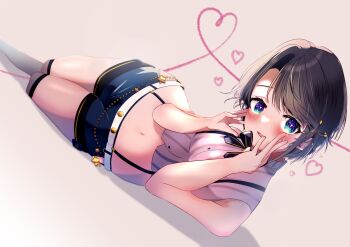 Rule 34 | 1girl, absurdres, bare shoulders, belt, black bow, black bowtie, black hair, blue eyes, blue shorts, blush, bow, bowtie, breasts, clothing cutout, cropped shirt, drawn heart, emutakanoe, grey shirt, grey thighhighs, hair ornament, hairclip, hands on own face, heart, heart-shaped pupils, highres, hip vent, hololive, large breasts, looking at viewer, lying, midriff, navel, on side, oozora subaru, oozora subaru (suspenders), open mouth, pinstripe pattern, pinstripe shirt, shirt, short hair, shorts, sleeveless, sleeveless shirt, smile, solo, star (symbol), star hair ornament, suspender shorts, suspenders, swept bangs, symbol-shaped pupils, thighhighs, virtual youtuber, white background, white belt