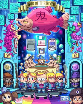 artist_name blonde_hair blue_eyes blush_stickers breasts character_request cheburashka cleavage closed_eyes colored_sclera colored_skin commentary crown dated english_commentary english_text fish floppy_disk four_loko gena_the_crocodile_and_his_friends green_skin gun hat heart highres holding holding_gun holding_weapon homer_simpson large_breasts little_caesar little_caesars long_hair memory_card monchhichi necktie nude original paul_robertson pink_hair pixel_art rainbow shotgun skateboard sparkle speech_bubble sunglasses the_simpsons vmu weapon yellow_sclera