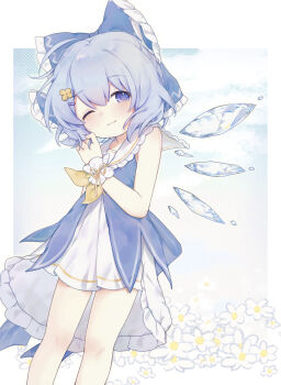 1girl :3 ascot bare_shoulders blue_bow blue_dress blue_eyes blue_hair blue_sky blush bow chinese_commentary cirno cloud clover_hair_ornament collared_dress commentary_request detached_wings diagonal-striped_background dress feet_out_of_frame flower four-leaf_clover_hair_ornament frilled_bow frilled_shirt_collar frilled_wrist_cuffs frills hair_bow hair_ornament hairclip hand_in_own_hair highres ice ice_wings knees light_smile medium_hair one_eye_closed parallel_hairclips short_dress sky sleeveless sleeveless_dress solo striped_background thighs touhou white_dress white_flower wings wrist_cuffs yellow_ascot yuanyuanshao