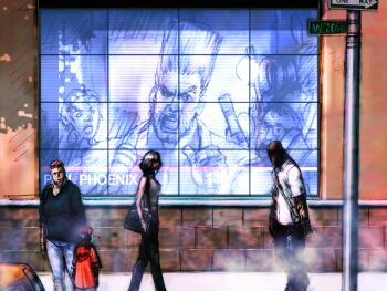 car dougi flattop furrowed_brow game_cg kawano_takuji long_hair looking_at_viewer motor_vehicle news official_art open_mouth paul_phoenix people pointing pointing_at_self pointing_with_thumb raised_eyebrow road_sign screen sign tekken tekken_4