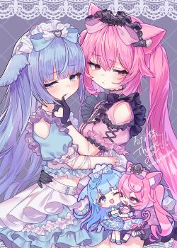 2girls absurdres animal_ear_fluff animal_ears bare_shoulders black_gloves blue_bow blue_dress blue_eyes blue_hair blunt_bangs blush bow breasts cat_ears cat_girl cat_tail chibi chibi_inset closed_mouth clothing_cutout commentary_request commission double-parted_bangs dress frilled_dress frills glove_cutout gloves grey_background hair_between_eyes hair_bow hand_on_another's_chin heart_cutout highres hug long_hair looking_at_viewer maid_headdress multiple_girls narrowed_eyes okubatomaeba open_mouth original pink_bow pink_dress pink_eyes pink_hair short_sleeves shoulder_cutout skeb_commission small_breasts tail