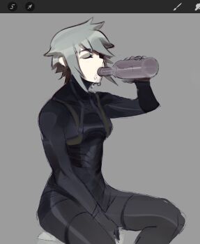 Rule 34 | 1girl, alcohol, art program in frame, between legs, black bodysuit, bodysuit, bottle, breasts, closed eyes, commentary, cowboy shot, decayedparasite, drinking, grey background, grey hair, hand between legs, hand up, hashtag-only commentary, highres, holding, holding bottle, marie (peripeteia), peripeteia, short hair, sidelocks, simple background, sitting, sketch, small breasts, solo