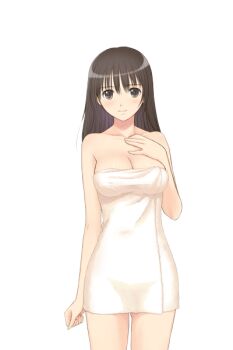 00s 1girl black_eyes black_hair blush breasts fault!! female_focus game_cg large_breasts legs long_hair looking_at_viewer nude simple_background solo standing thighs tony_taka towel white_background