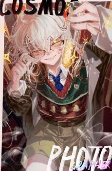 Rule 34 | 1other, adjusting eyewear, blue necktie, brown hair, brown jacket, brown shorts, collared shirt, colored eyelashes, colored tips, cowboy shot, english text, glasses, green sweater, grin, hands up, highres, holding, holding test tube, jacket, looking at viewer, medicine pocket, medicine pocket (the cosmos photographer), medium hair, multicolored hair, necktie, official alternate costume, outstretched hand, red sweater, reverse:1999, sharp teeth, shirt, shorts, smile, solo, sparkle, sweater, teeth, test tube, two-tone sweater, white hair, white shirt, xiegegege gezi, yellow eyes