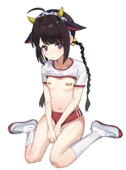 1girl ahoge animal_costume animal_ears bandaid bandaid_on_pussy bandaids_on_nipples black_hair blush bongnom braid breasts bulma buruma buruma_aside clothing_aside cow_costume cow_ears cow_horns hair_ornament highres horns loli looking_at_viewer navel original pasties purple_eyes shoes sitting small_breasts solo twin_braids wariza