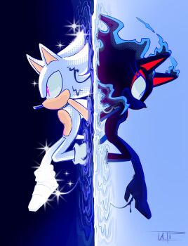 1boy 1girl animal_ears animal_nose blaze_the_cat blaze_the_cat_(beta_design) blue_eyes commentary english_commentary from_side full_body furry furry_female furry_male high_heels highres hyper_sonic ira_theartist no_mouth pink_eyes prototype_blaze prototype_design signature sonic_(series) sonic_the_hedgehog sparkle split_screen tail