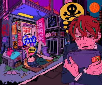 2boys :o arisugawa_dice artist_name bag bags_under_eyes black_eyes black_jacket black_shirt blue_hair bone bug building can cardboard city city_lights closed_eyes clothes_lift coat cockroach collared_shirt colorful commentary_request condenser_unit cracked_ceiling drink_can energy_drink english_text fang fingernails fish_skeleton frown full_body fur-trimmed_coat fur_trim gachimask graffiti green_coat hair_between_eyes highres holding holding_bag homeless hood hooded_coat hugging_object hypnosis_mic image_in_thought_bubble industrial_pipe insect jacket kannonzaka_doppo leg_up long_sleeves looking_down lying male_focus male_underwear male_underwear_peek medium_hair messy_hair middle_finger midriff_peek moon mouse_(animal) multicolored_hair multiple_boys navel nervous_sweating night on_back open_clothes open_coat open_mouth outdoors pants pink_male_underwear pinstripe_pattern pinstripe_shirt plastic_bag red_hair red_moon road rust salaryman saturated shaded_face shirt shirt_lift short_hair sign skull_and_crossbones sleeping speech_bubble spread_legs sticker streaked_hair street striped_clothes striped_male_underwear striped_shirt suit_jacket sweat thought_bubble trash_bag two-sided_coat two-sided_fabric u_u underwear upper_body very_sweaty white_pants