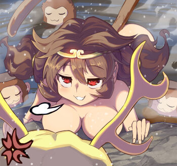 2girls :3 anger_vein antlers blonde_hair blush breasts brown_hair circlet commentary_request completely_nude doyagao hair_between_eyes horns kicchou_yachie large_breasts long_hair looking_at_another low_twintails monkey monkey_tail multiple_girls nipples nude onsen red_eyes smug son_biten steam syope tail touhou twintails upper_body yellow_horns