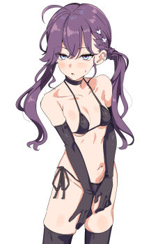 1girl bikini black_bikini black_choker black_gloves black_thighhighs blue_eyes blush breasts choker collarbone commentary_request ear_piercing elbow_gloves gakuen_idolmaster gloves highres idolmaster kaya_rinha long_hair mole mole_on_neck navel paid_reward_available parted_lips piercing purple_hair seihekiog side-tie_bikini_bottom simple_background small_breasts solo standing stomach swimsuit thighhighs twintails white_background