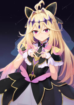 Rule 34 | 1girl, absurdres, antenna hair, black bow, black capelet, black dress, blonde hair, boots, bow, brooch, capelet, closed mouth, commentary request, cure arcana shadow, diamond hairband, dress, fingernails, four-finger heart hands, frilled capelet, frills, gradient hair, hair intakes, heart, heart brooch, heart hands, highres, jewelry, long hair, looking at viewer, magical girl, meitantei precure!, moria luluka, multicolored hair, precure, purple eyes, purple nails, purple wrist cuffs, revival, solo, veil, wrist cuffs