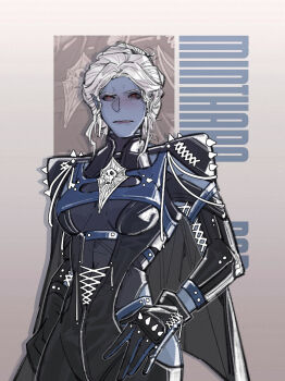 Rule 34 | 1girl, alternate costume, baldur's gate, baldur's gate 3, black bodysuit, black cape, black gloves, bodysuit, bodysuit under clothes, cape, character name, chest harness, chinese commentary, clothing cutout, colored skin, commentary request, contemporary, cowboy shot, cross-laced clothes, dark elf, dungeons & dragons, ear piercing, elf, frown, gloves, grey skin, hair bun, hand on own hip, harness, hip vent, looking at viewer, minthara, parted bangs, pereg1ne, piercing, pointy ears, red eyes, short hair, single hair bun, solo, spiked gloves, spikes, white background, white hair, zoom layer