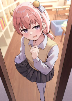 1girl :d blurry blurry_background brown_skirt cac_itinose collared_shirt commentary_request couch depth_of_field fang feet_out_of_frame highres indoors long_hair long_sleeves looking_at_viewer low_twintails open_mouth original pantyhose pink_hair pleated_skirt puffy_long_sleeves puffy_sleeves purple_eyes school_uniform shirt short_twintails skirt smile solo standing sweater_vest table twintails white_pantyhose white_shirt wooden_floor