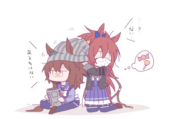Rule 34 | 2girls, anger vein, animal ears, beanie, beer hsk, black jacket, blue ribbon, bow, brown hair, brown shoes, candy, candy wrapper, commentary request, ear ribbon, food, grey hat, hair between eyes, hat, horse ears, horse girl, horse tail, jacket, kneeling, lollipop, long hair, long sleeves, mask, mouth mask, multiple girls, nakayama festa (umamusume), open clothes, open jacket, orfevre (old design) (umamusume), pleated skirt, purple eyes, purple shirt, purple skirt, purple thighhighs, ribbon, school uniform, shirt, shoes, simple background, sitting, skirt, spoken food, striped clothes, striped headwear, tail, thighhighs, tracen school uniform, translation request, umamusume, vertical-striped clothes, vertical-striped headwear, very long hair, white background, white bow, | |