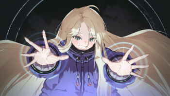 1girl ahoge android aqua_eyes blonde_hair blue_coat coat commentary_request diana_(pragmata) drawstring grin highres long_hair long_sleeves looking_at_viewer outstretched_arms padded_coat parted_lips pragmata puffy_long_sleeves puffy_sleeves signature smile solo upper_body very_long_hair veve777art