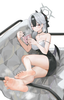 1girl absurdres barefoot blue_archive blush demon_wings feet grey_hair highres kayoko_(blue_archive) kayoko_(dress)_(blue_archive) long_hair looking_at_viewer multicolored_hair reading red_eyes shangdi_de_fazhang smile soles steam strap_slip streaked_hair sweat toes wings