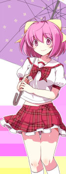 1girl antenna_hair b_(kana0816) blush bow breasts closed_mouth collarbone commentary_request feet_out_of_frame floating_clothes hair_between_eyes hair_bow head_tilt highres holding holding_umbrella kami_nomi_zo_shiru_sekai kneehighs large_bow large_breasts looking_at_viewer midriff miniskirt nakagawa_kanon outline petticoat pink_eyes pink_hair plaid_bow plaid_clothes plaid_skirt plaid_trim pleated_skirt puffy_short_sleeves puffy_sleeves purple_background purple_umbrella raised_eyebrows red_bow red_skirt red_trim sailor_collar shirt short_hair short_sleeves simple_background skirt smile socks solo standing striped_background thigh_gap umbrella umbrella_over_shoulder white_background white_outline white_sailor_collar white_shirt white_socks yellow_background yellow_bow