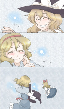 2girls ^_^ alice_margatroid arm_grab belt blonde_hair blue_dress blush bow capelet closed_eyes comic dress eke closed_eyes fading female_focus grin hair_bow hairband hand_on_another's_cheek hand_on_another's_face hat kirisame_marisa multiple_girls hugging_object sash shanghai_doll smile tears touhou vanishing witch witch_hat