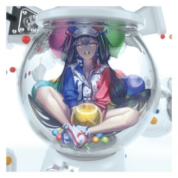 1girl 3d balloon black_hair border butterfly_sitting commentary_request gesoking hair_between_eyes hair_ornament hat highres in_container jacket long_hair mouth_hold original shoes shorts sitting sleeves_rolled_up solo two_side_up white_border winding_key yellow_eyes