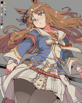 Rule 34 | 1girl, animal ears, armband, black pantyhose, blue eyes, blue jacket, bow, breasts, brown hair, commentary request, dress, ear bow, ear ribbon, grass wonder (stone-piercing blue) (umamusume), grass wonder (umamusume), holding, holding polearm, holding weapon, horse ears, horse girl, horse tail, jacket, long hair, long sleeves, looking at viewer, multicolored hair, naginata, pantyhose, parted lips, polearm, red armband, sailor collar, solo, tail, toriga naku, umamusume, weapon, white hair, white sailor collar